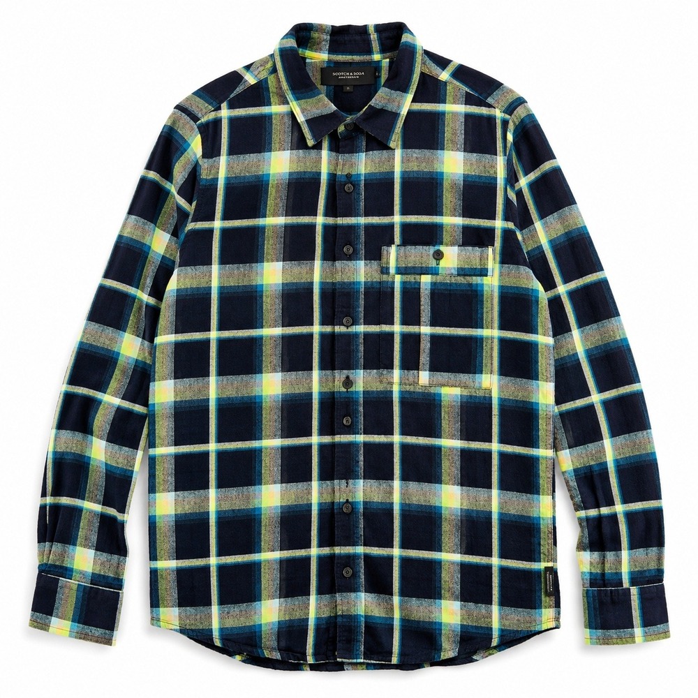 Scotch & Soda Plaid Flannel Shirt Men's Large Blue Green Relaxed Fit Cotton